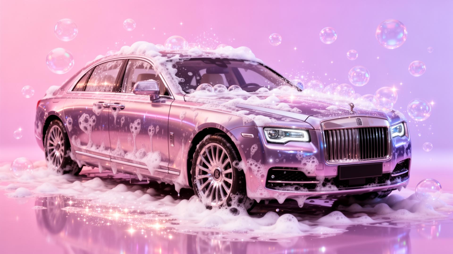 Luxury car covered in pink sparkling suds and bubbles